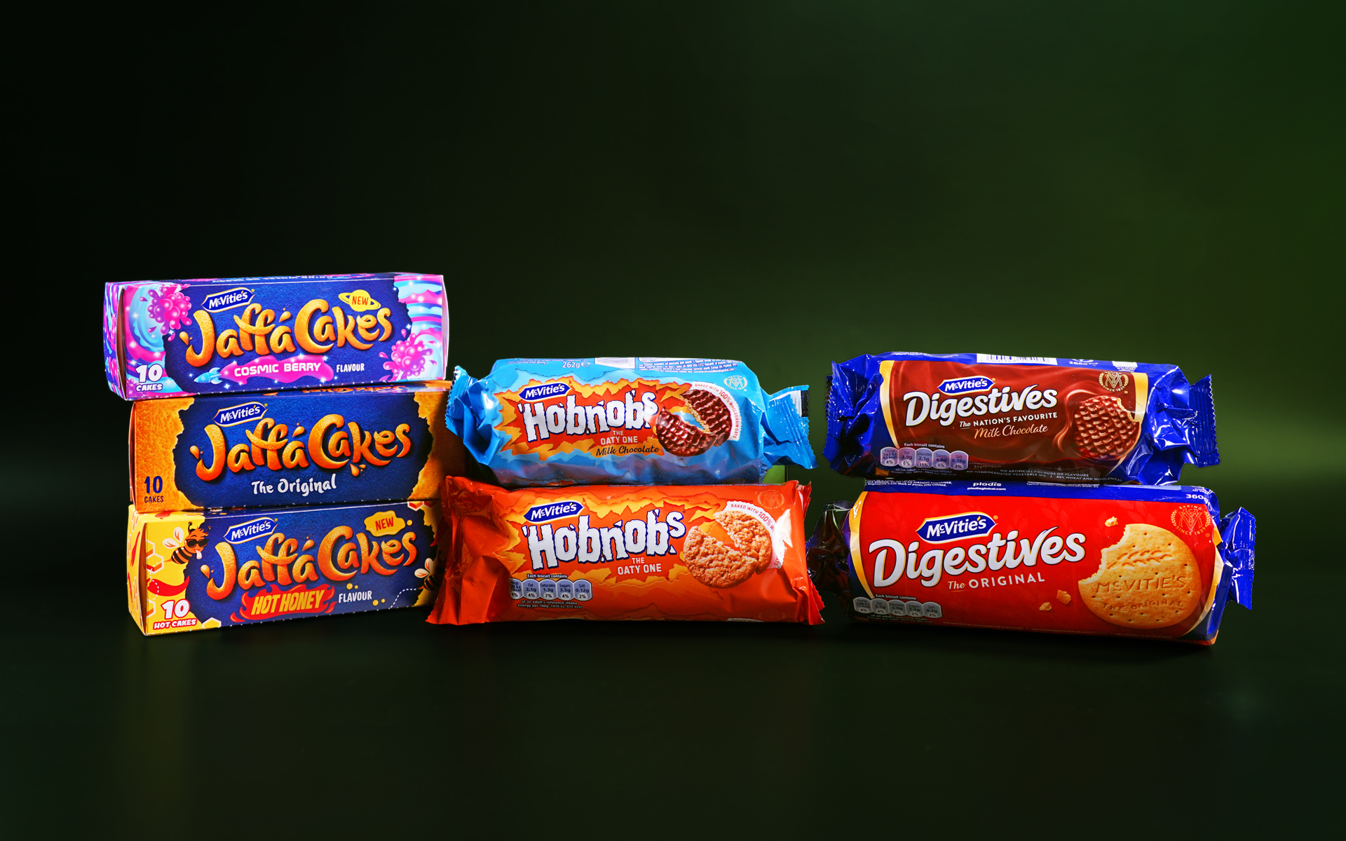Multiple packets of McVitie’s biscuits are stacked and lined up next to each other against a dark green background. On the left, there are three boxes of Jaffa Cakes stacked on top of each other. In the middle, there are two packets of Hobnobs and on the right, there are two packets of Digestives. All of the packets are of different flavours.