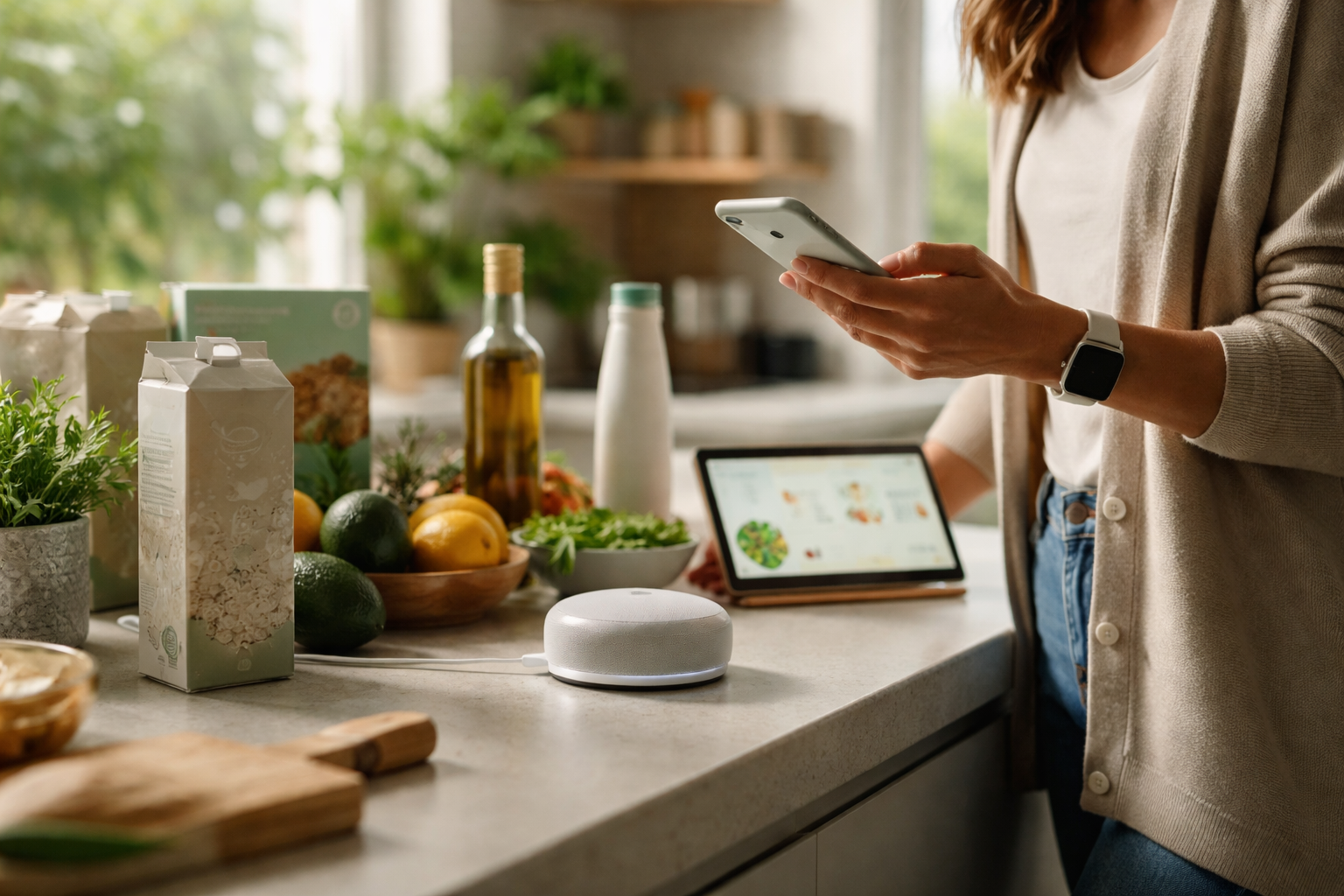 A woman is stood by a kitchen counter, using various smart devices to prepare a meal, including a smartphone, a tablet and a voice assistant. She holds her phone in her hand and also has a recipe open on the tablet, stood next to multiple fresh and dry ingredients.