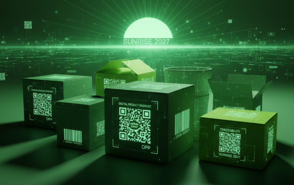 Multiple cardboard boxes are places in the foreground of a vast, bright green space, all with large QR codes covering one face of the box, reading ‘Digital Product Passport’. Behind them, a bright semi-circle signifying a sun is visible at a distant horizon. Under this rising sun a text reads ‘Sunrise 2027’.