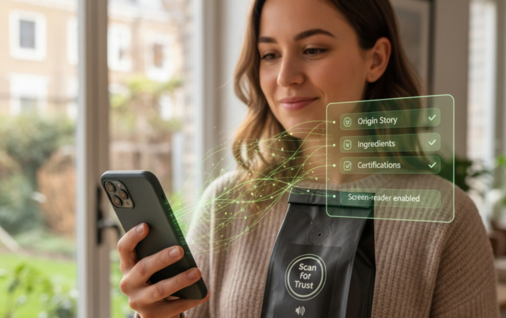A young woman looking at a smartphone in her hand with a green illustration of her smartphone’s screen is next to her face. On this screen, there are three selected checkboxes reading ‘Origin Story’, ‘Ingredients’ and ‘Certifications’ as well as a piece of text at the bottom reading ‘Screen-reader enabled’. In front of her, there is a packet with a label that reads ‘Scan for Trust’.