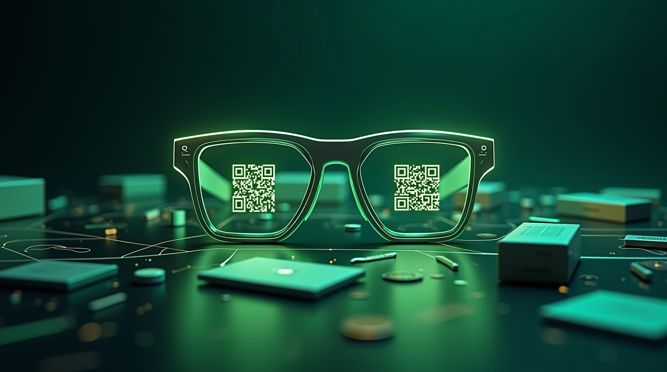 A pair of glasses are stood on a surface with various other smaller objects. The two lenses of the glasses each have a QR code on them. The space is dark, lit by a neon green colour which glows off of the glasses.