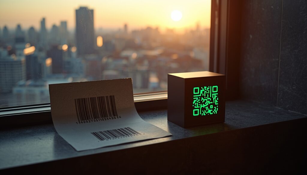 Sunrise city background with a paper label showing a traditional 1D barcode placed beside a black cube displaying a glowing green QR code, symbolizing the transition from linear barcodes to next-generation 2D codes and digital product identity infrastructure linked to DPP and Sunrise 2027 readiness.