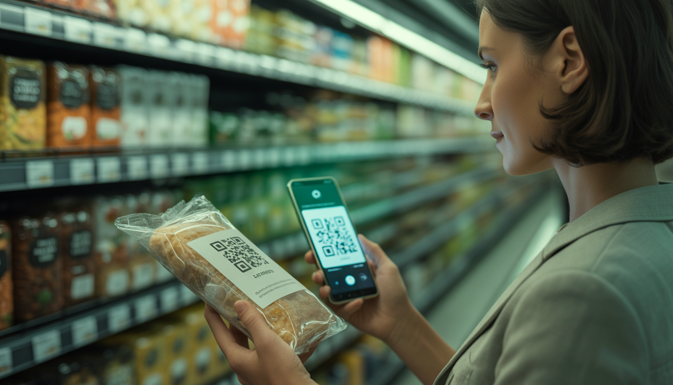 Consumer scanning a QR code on packaged bread in a supermarket aisle using a smartphone, illustrating connected packaging and real-time access to product data.