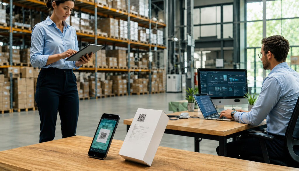 A realistic warehouse and logistics scene showing two professionals working with connected product data. In the foreground, a product package with a visible QR code stands on a wooden table beside a smartphone scanning a matching code. In the background, a woman uses a tablet while a man works at a desk with multiple digital screens, suggesting product information management, traceability, and real-time data access across physical and digital environments.