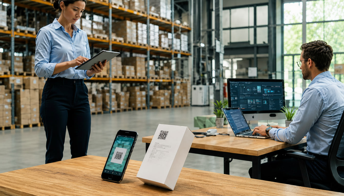 A realistic warehouse and logistics scene showing two professionals working with connected product data. In the foreground, a product package with a visible QR code stands on a wooden table beside a smartphone scanning a matching code. In the background, a woman uses a tablet while a man works at a desk with multiple digital screens, suggesting product information management, traceability, and real-time data access across physical and digital environments.
