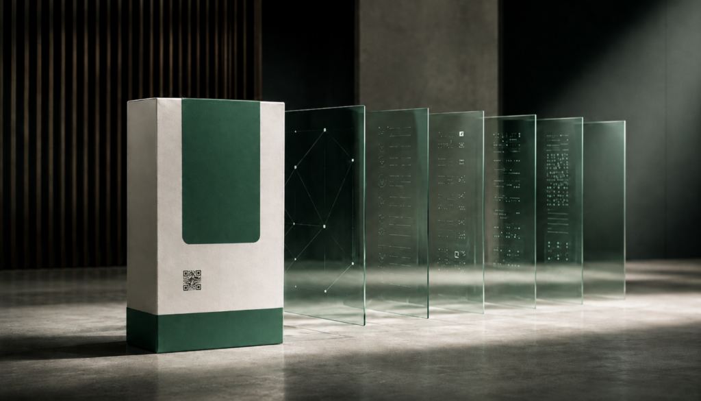 A premium unbranded product pack with a visible QR code stands on a clean surface, with layered transparent data panels extending from the pack. The visual represents connected packaging as a route into structured product information, showing how a physical product can connect to governed product truth, compliance data, digital product records, and trusted product information in a controlled, organised way.