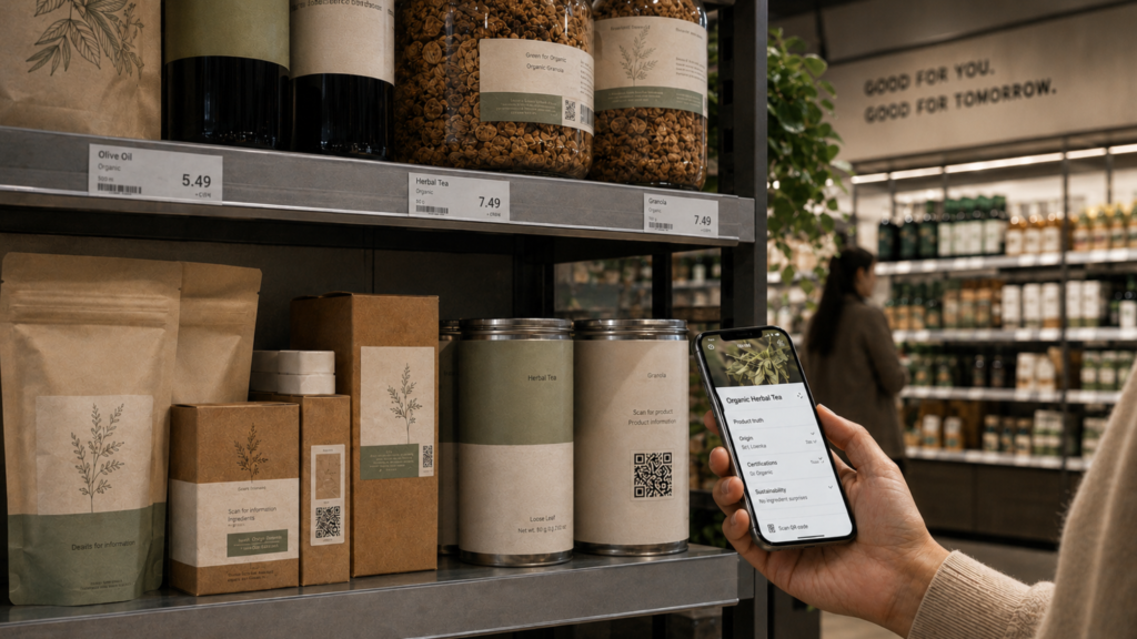 A shopper holds a smartphone beside QR-enabled organic food packaging in a modern supermarket. The phone displays structured product information for an organic herbal tea, including origin, certifications, sustainability details, and product truth. Nearby cartons, pouches, jars, and canisters carry connected codes, illustrating how one standards-based identifier can provide different audiences with trusted, relevant product information.