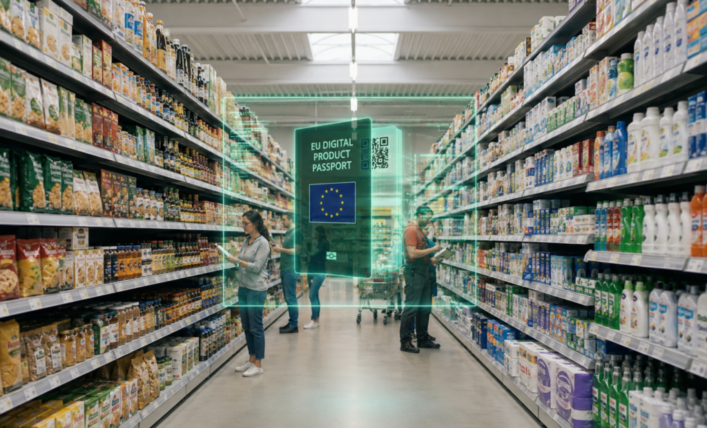 Supermarket aisle lined with packaged consumer goods, with shoppers browsing products and a digital overlay displaying an EU Digital Product Passport, QR code and EU flag, illustrating how product-level data can be accessed and connected in a retail environment.