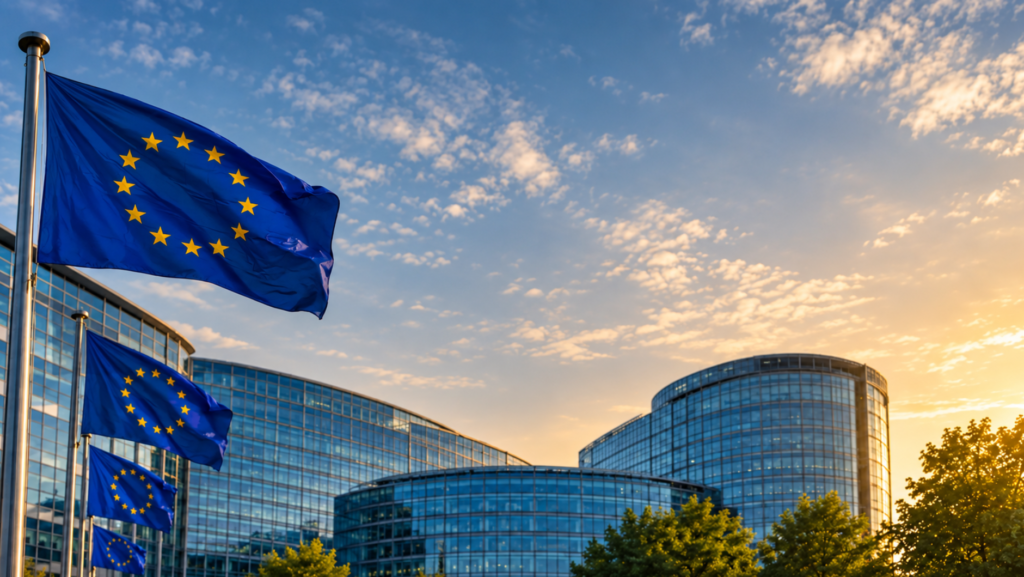 European Union flags outside modern glass-fronted institutional buildings, reflecting the regulatory context of the Digital Product Passport Registry.